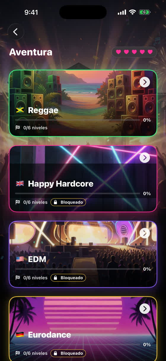 Mapa del Modo Aventura con los mundos Reggae, Happy Hardcore, EDM y Eurodance, de seis niveles cada uno